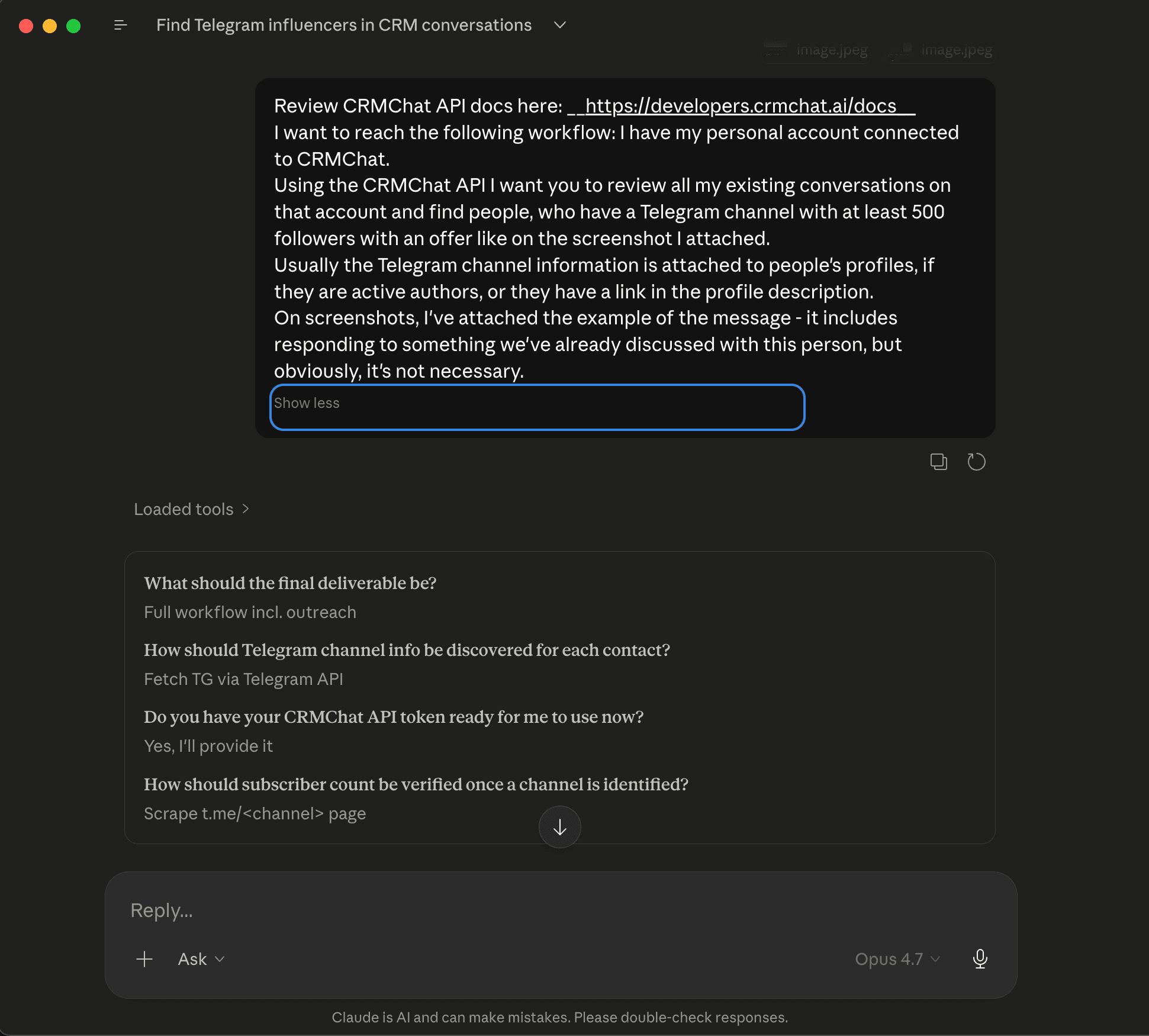 A conversation with AI Agent connecting to CRMChat API to send personalized Telegram Outreach messages