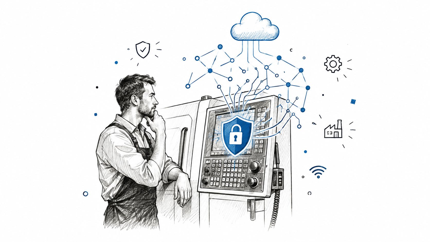 A worker inspecting a CNC milling machine secured with cloud-based cybersecurity software and protected by a shield icon.