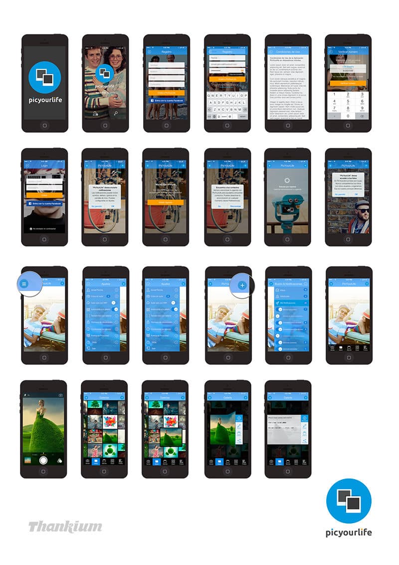Aplicación móvil PicYourLife, interfaz de usuario y funciones en pantallas de smartphone.