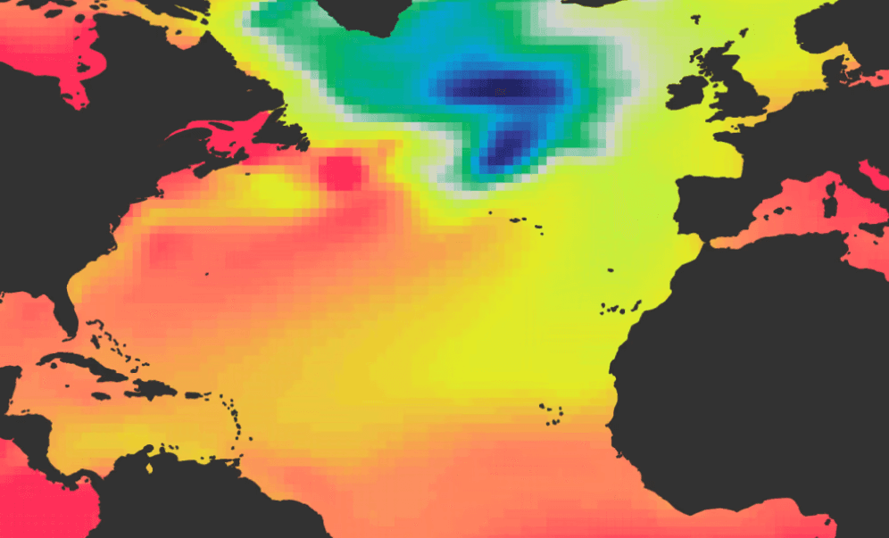 Atlantic Ocean sea surface temperature anomaly map highlighting temperature variations.