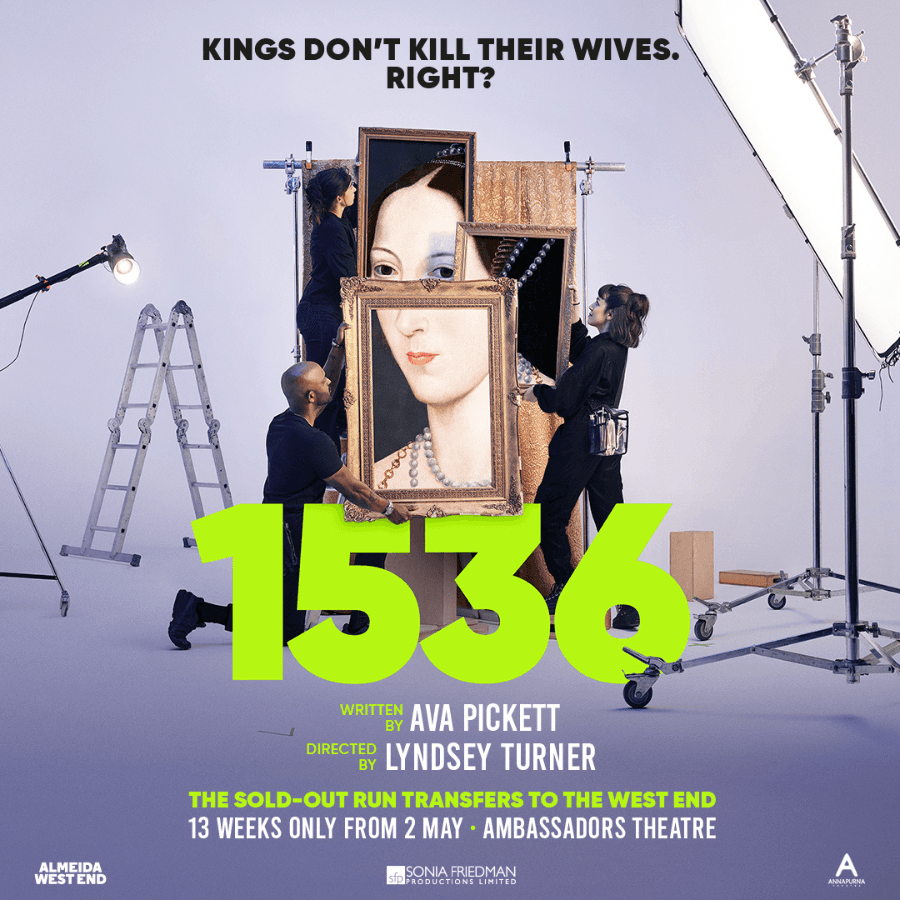 West End show "West End show "1536" production setup with crew handling a large portrait.1536" production setup with crew handling a large portrait.