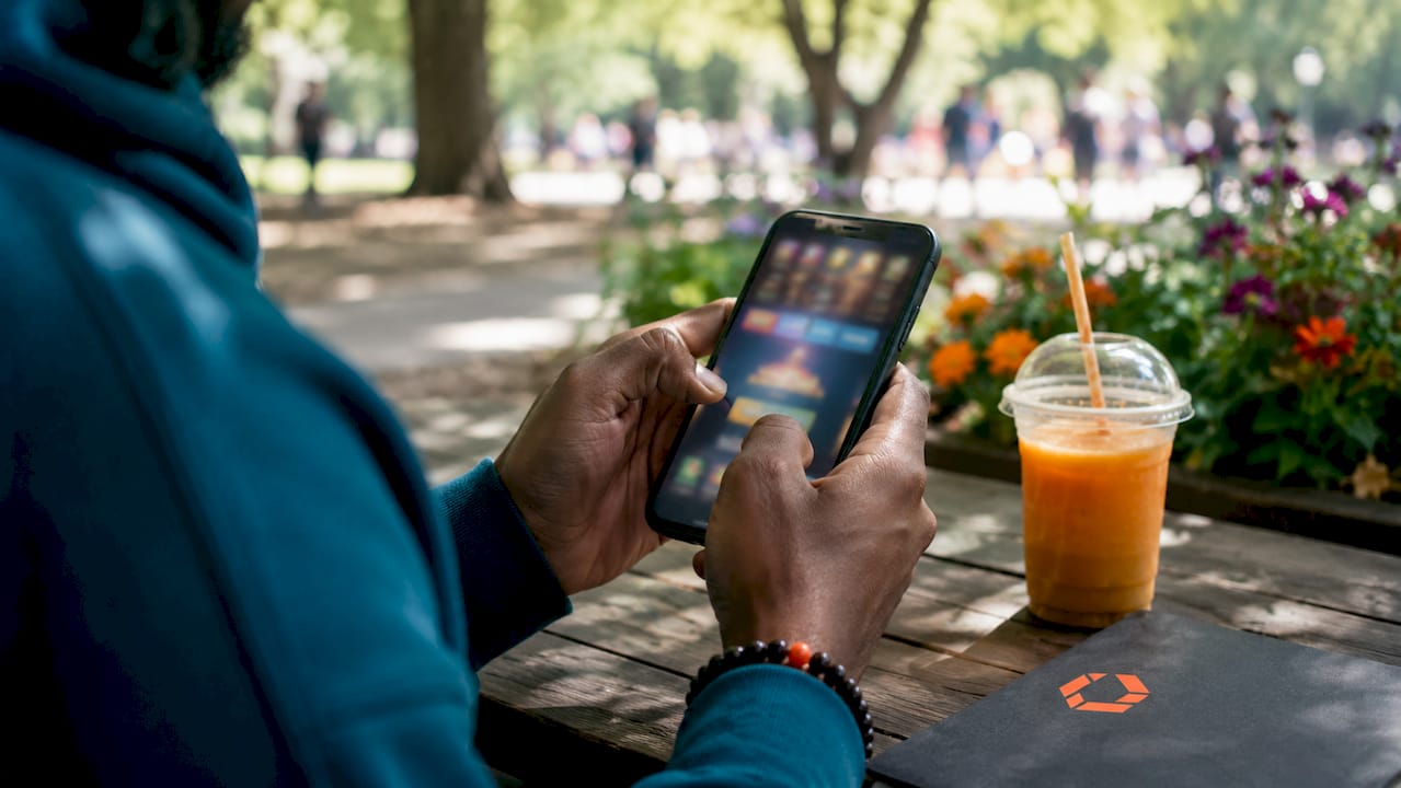 Hands interacting with mobile game in-app purchase on smartphone