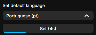 Set default language section with Portuguese selected and the Set (5s) button with progress indicator visible