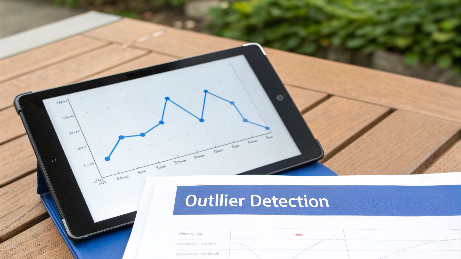 An outdoor workspace with a tablet displaying a line graph and a document on 