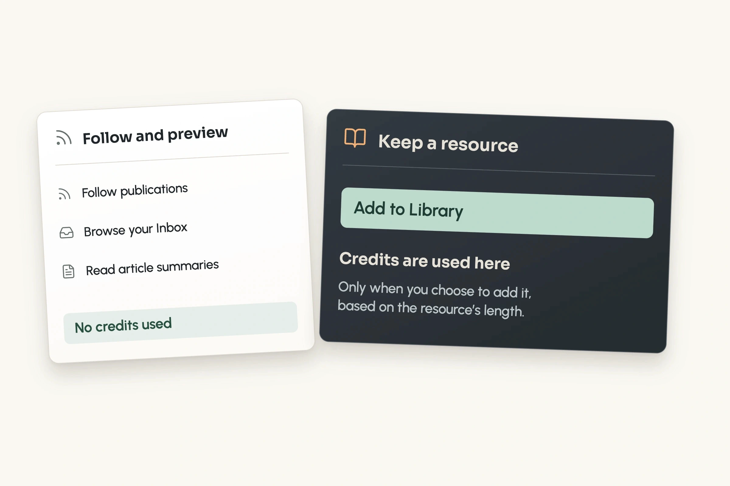 Following and previewing use no credits; Add to Library uses credits based on the resource’s length.