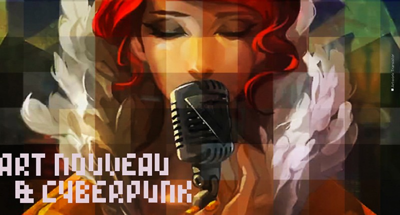 A colorful image of a girl wearing women feathered dress and talking at a retro microphone. The title on the poster says: Art Nouveau & Cyberpunk.