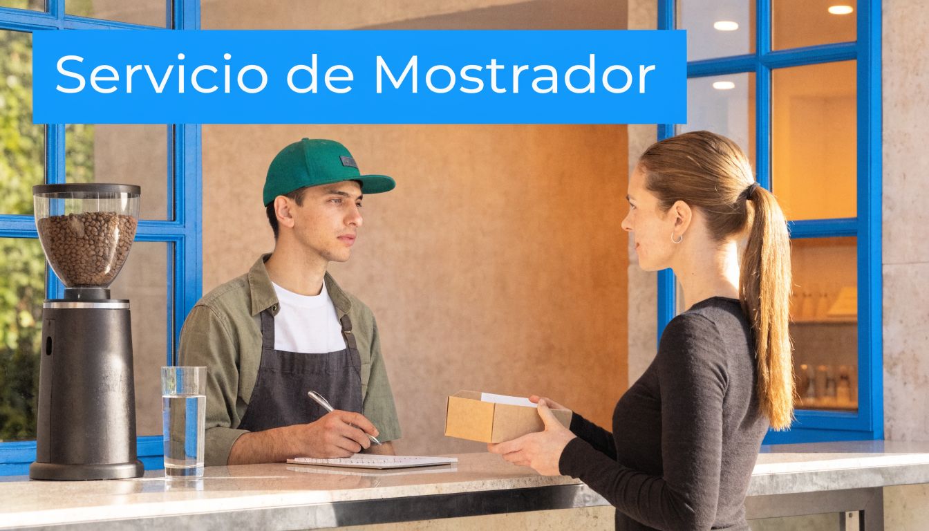 Un empleado de cafetería atendiendo a una clienta en el mostrador mientras toma su pedido.