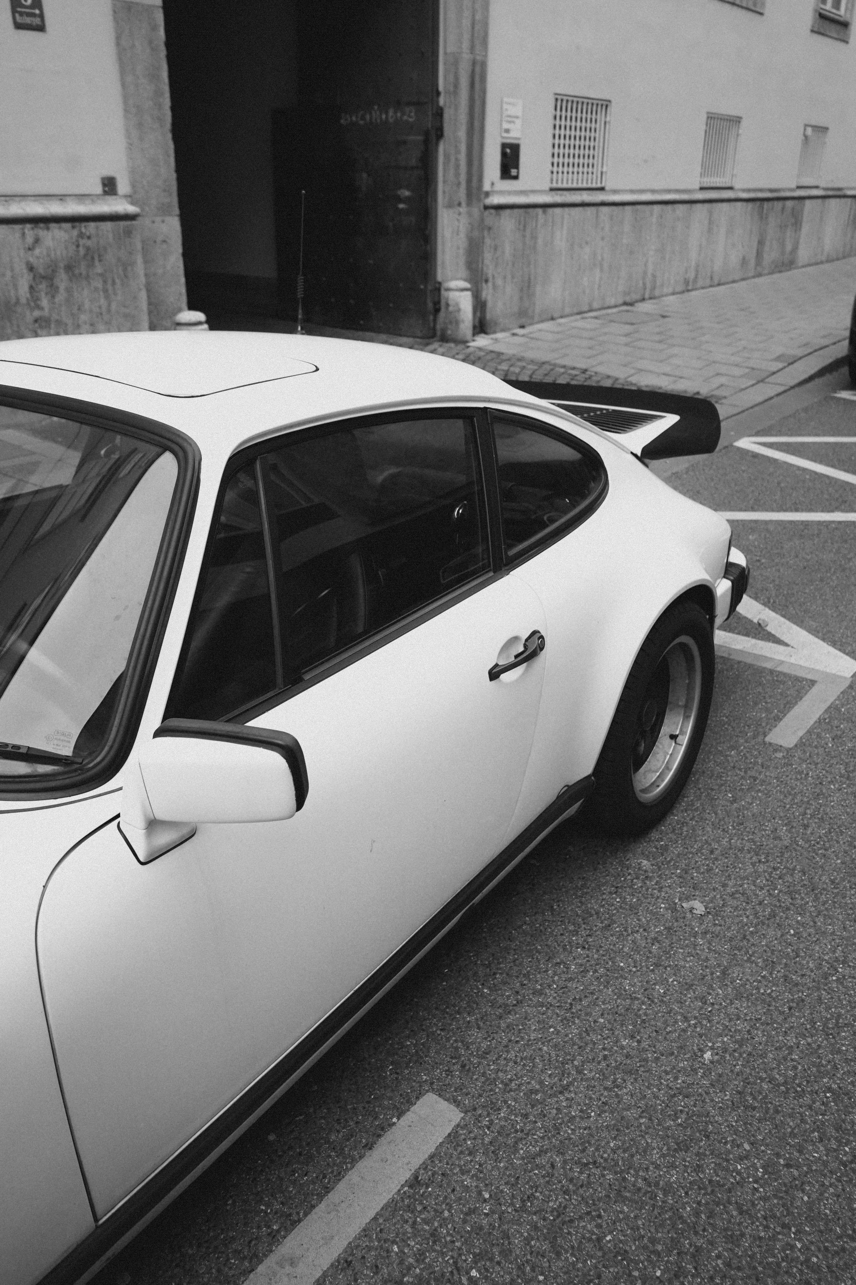 old porsche, black and white photo