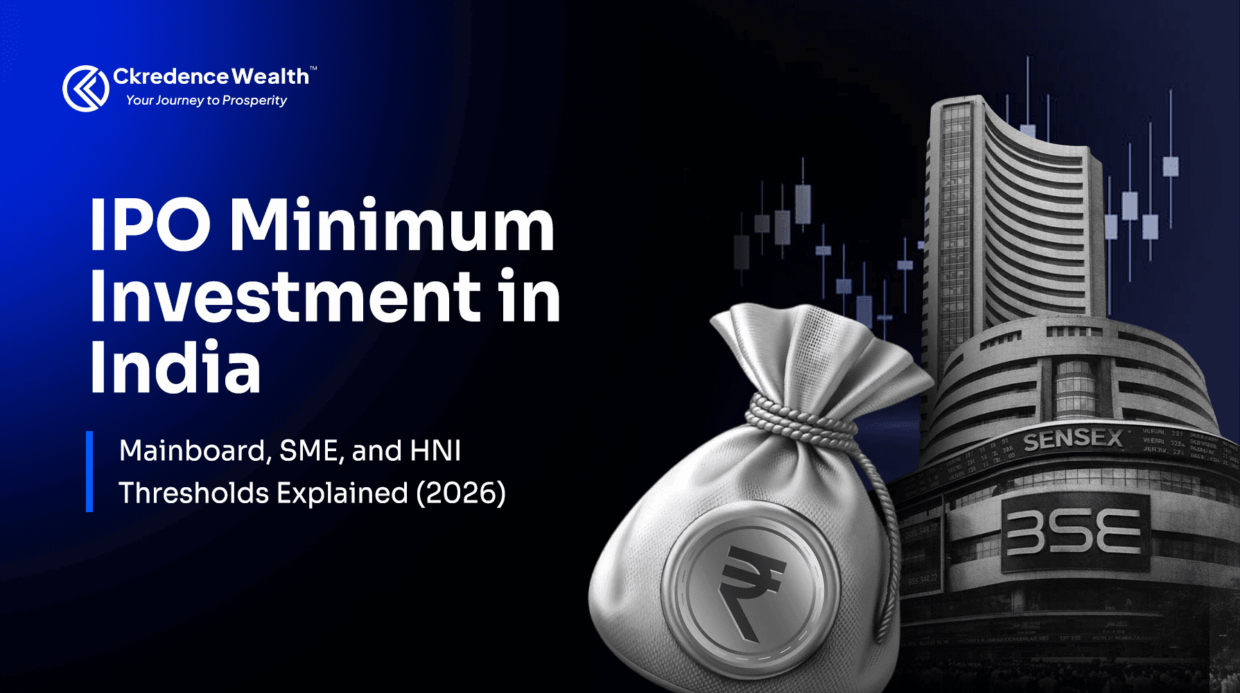 IPO minimum investment in India showing BSE building, Sensex chart and money bag for mainboard and SME IPO limits