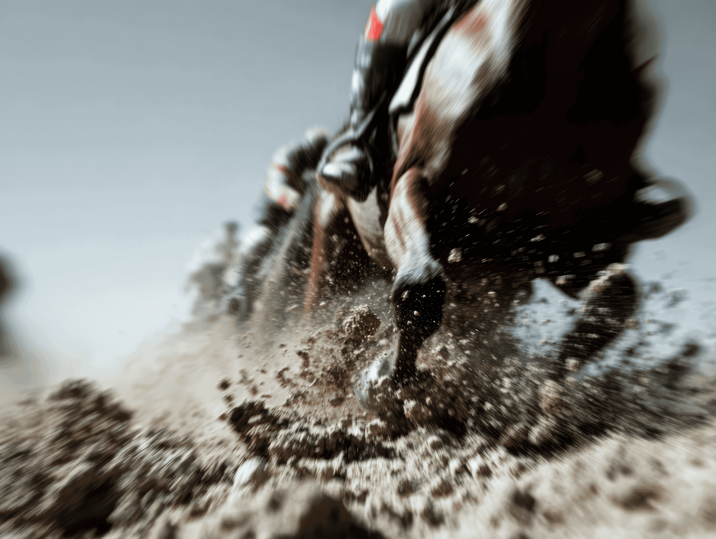Galloping horse kicking up sand and dirt toward the camera