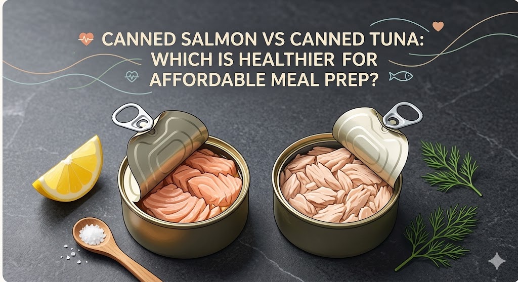 A comparison of an open can of flaked pink salmon and an open can of pale light tuna on a dark stone countertop with a lemon wedge, sea salt on a wooden spoon, and dill, featuring a title text overlay "Canned Salmon vs Canned Tuna: Which Is Healthier for Affordable Meal Prep?".