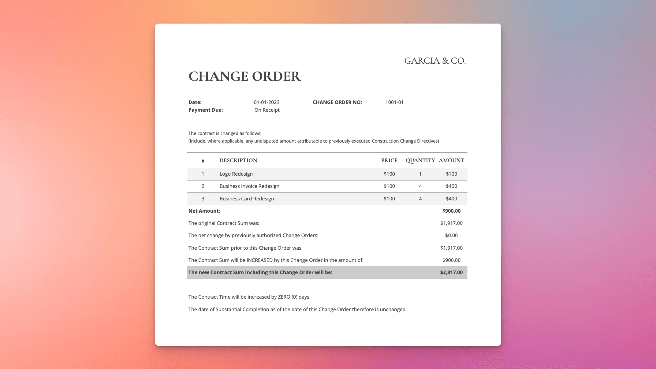 Change Order spreadsheet template showing editable project revisions, updated totals, and contract adjustments.