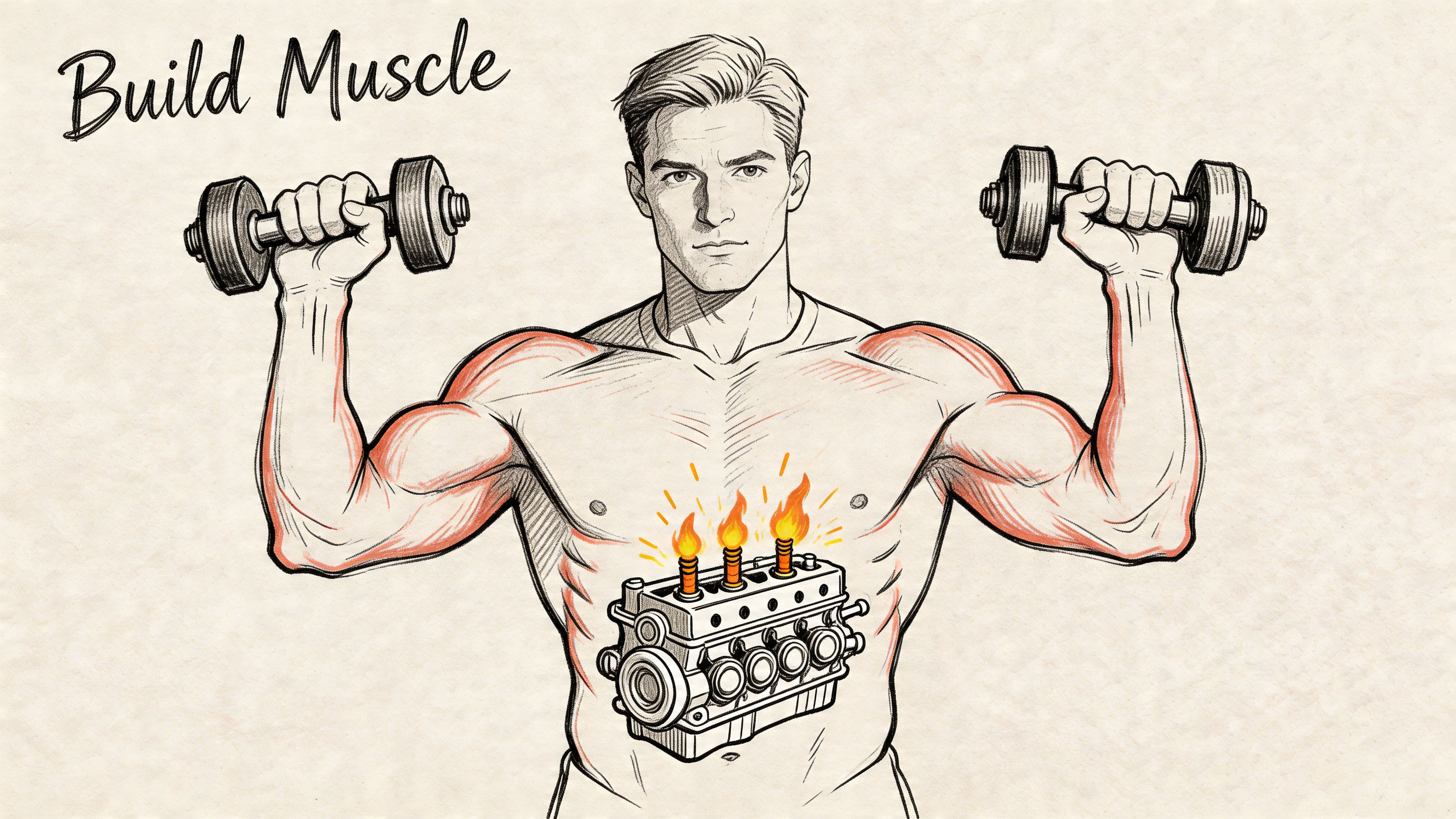 A sketched illustration of a muscular man lifting dumbbells with a burning engine inside his stomach.