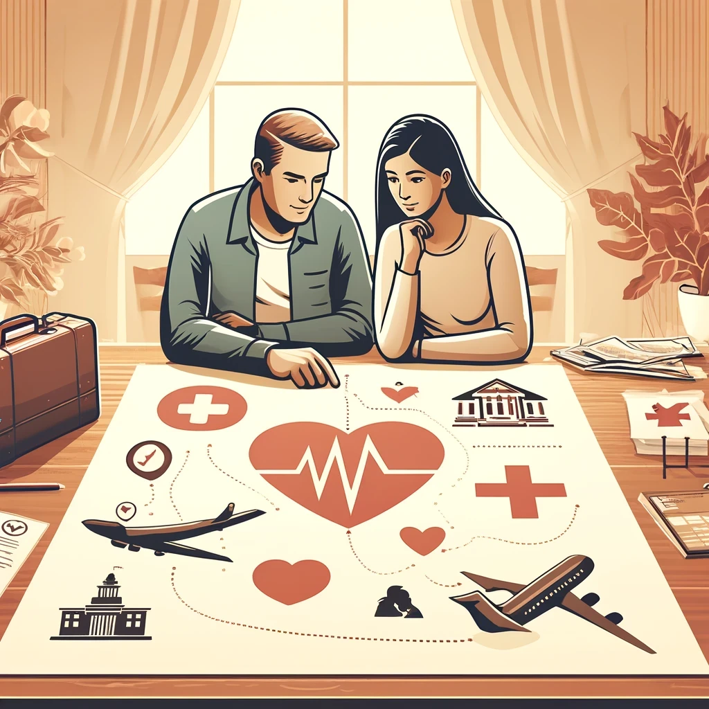  A diverse couple, one Caucasian and one Hispanic, thoughtfully examining a large map spread across a table, surrounded by symbolic icons including a heart, a plane, a medical cross, and a courthouse, symbolizing their planning for the K1 visa process in a warm, inviting setting.