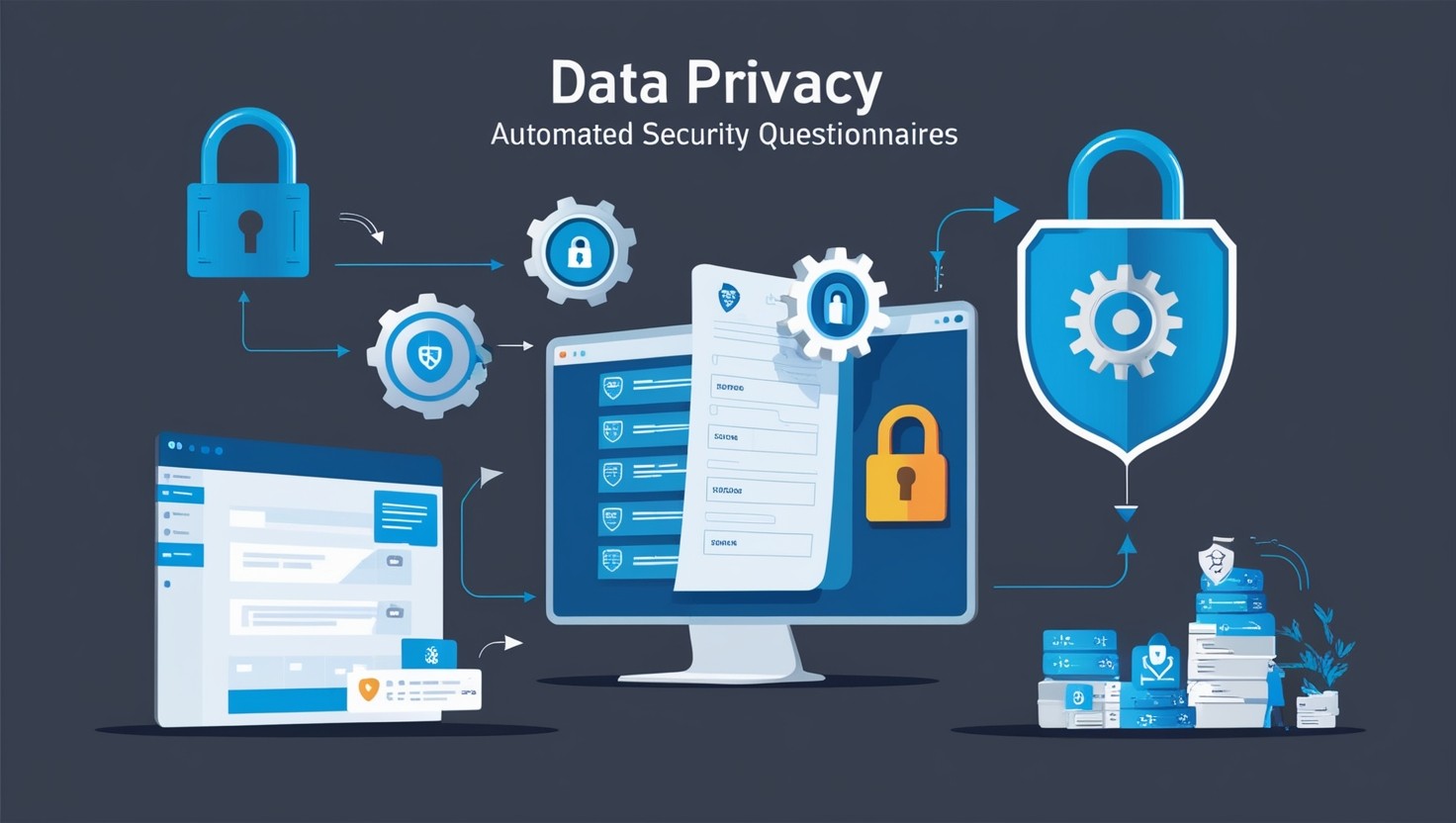 Illustration depicting data privacy in the context of automated security questionnaires. The design features digital forms on a computer screen, secure data symbols such as padlocks and shields, and gears representing automation. The image uses shades of blue and gray, conveying a sense of security and trust, with visual elements emphasizing data protection and security automation.