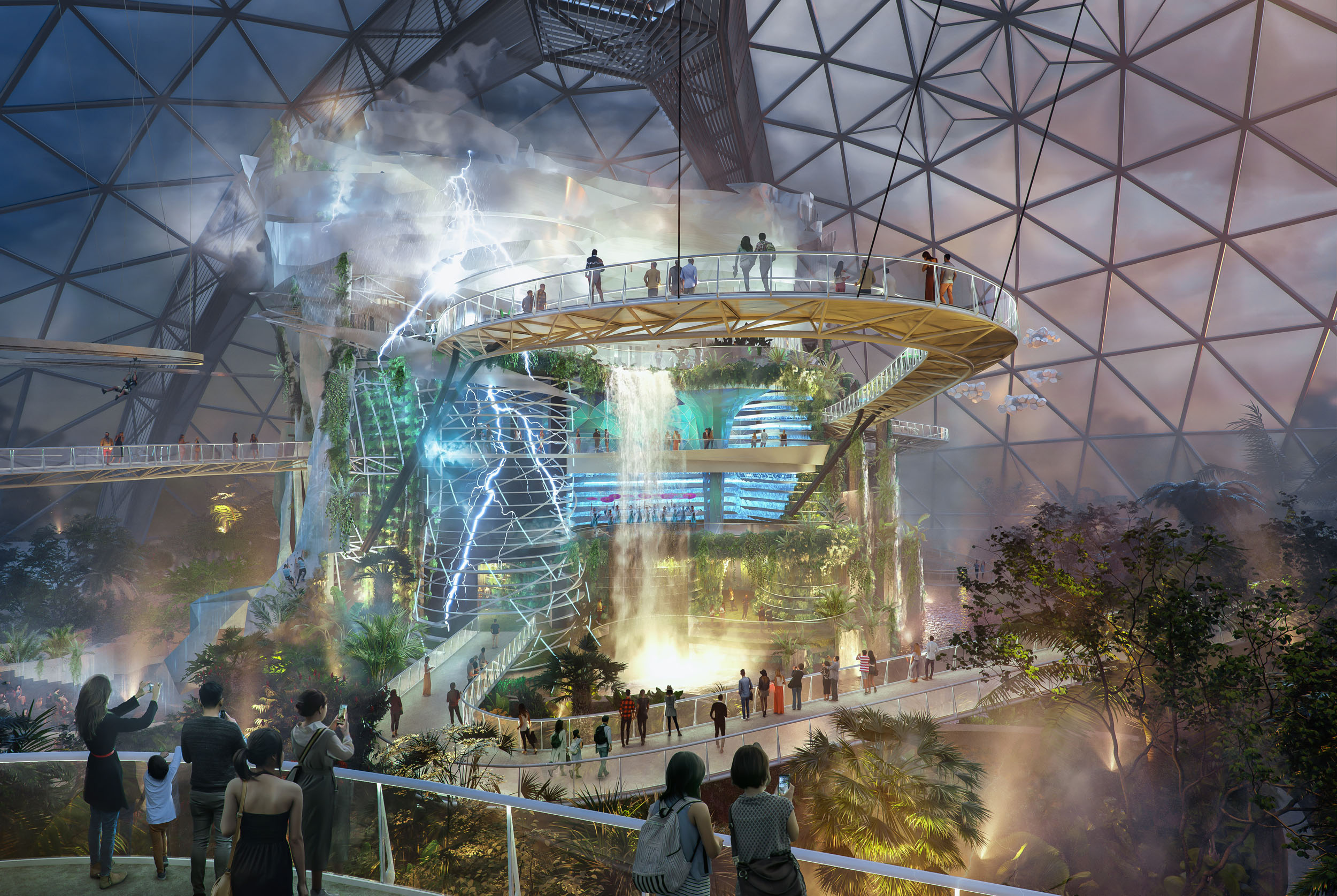 Architectural CGI of a futuristic biodome interior, CGI render.