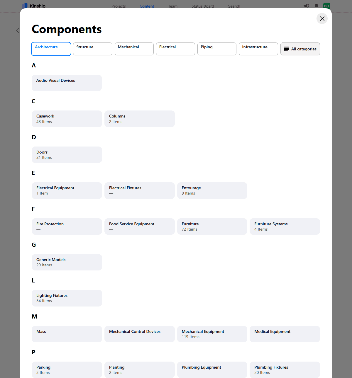 Categories grouped by discipline