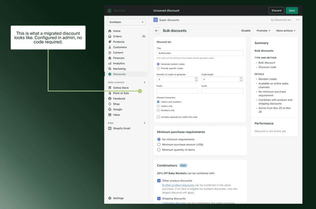 Shopify-Admin mit einem migrierten Mengenrabatt ohne Code, der ein Shopify Script ersetzt