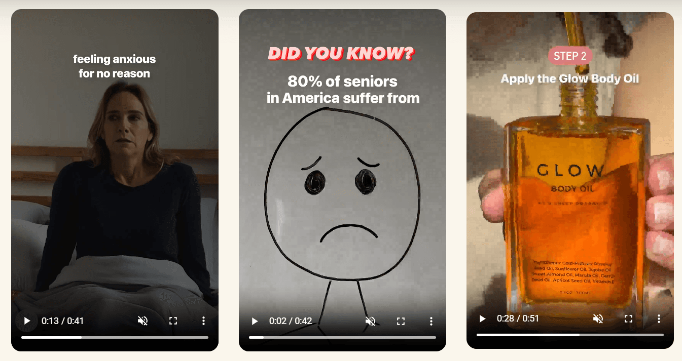 Three video ad thumbnails showing different hooks: a woman feeling anxious in bed, a statistic about seniors with a sad illustration, and a close-up of glow body oil being applied.