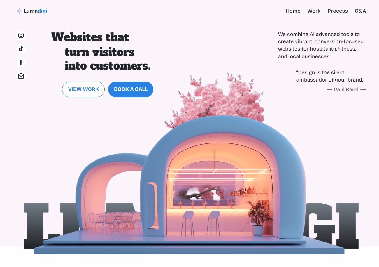 A user interface design mockup of the LumaDigi website landing page. The header features the "LumaDigi" logo on the left and navigation links for Home, Work, Process, and Q&A on the right. Below, a bold headline reads "Websites that turn visitors into customers," accompanied by two buttons: "VIEW WORK" and a purple "BOOK A CALL." The center of the page features a surreal, 3D architectural illustration depicting a stylized blue lounge structure topped with pink cherry blossom trees. Large, bold black letters spelling "LUMI" sit on the ground platform behind and around the structure.