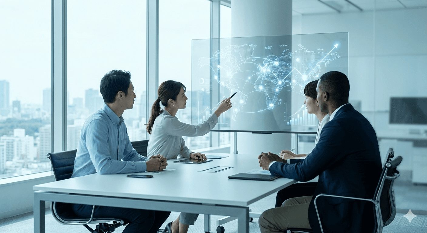 A diverse team of four professionals in a modern, sunlit office, looking at a transparent screen displaying a connected global map and data, with a city skyline in the background.