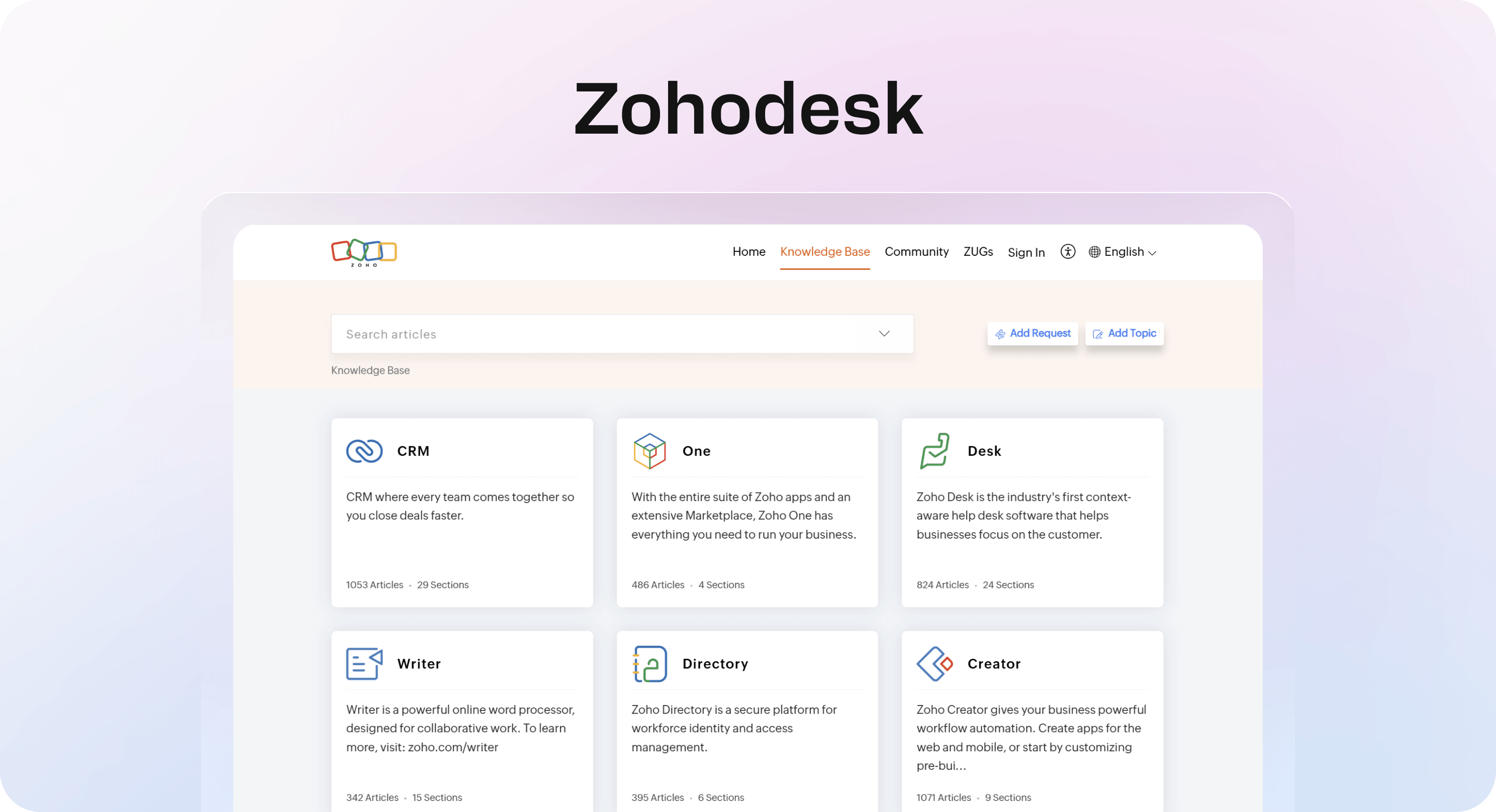 Zoho Desk knowledge base page with search field and product support categories