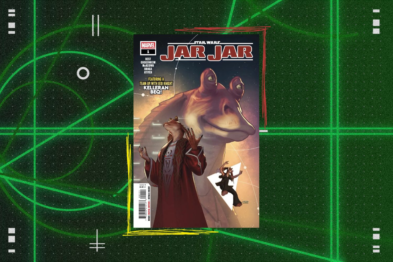 Cover for Jar Jar Binks #1 in front of a green geometric b ackground