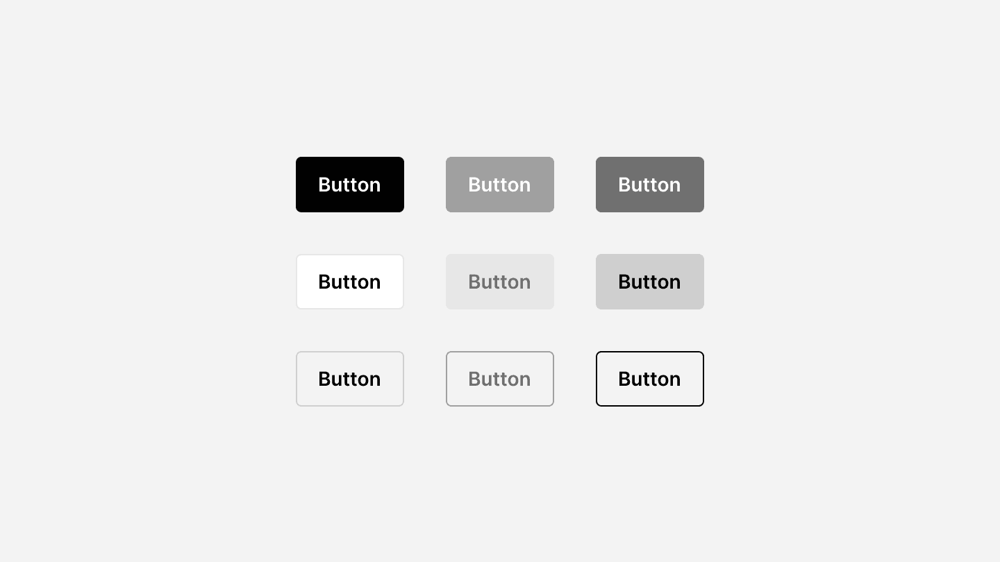 A UI button component set displayed in three rows and three columns, featuring different styles in grayscale. The top row consists of solid buttons in black and various shades of gray. The middle row contains lighter buttons with subtle backgrounds. The bottom row includes outlined buttons with different border and text contrasts. Each button is labeled “Button.”