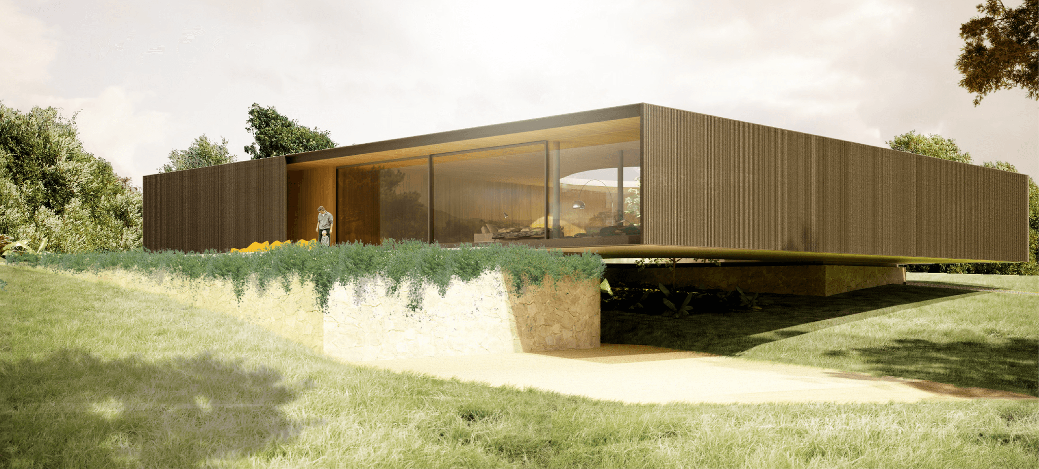 Floating House by IMaestri Group: Striking, linear cantilevered residence with a hidden entrance, dramatic curved staircase, and suspended fireplace feature.