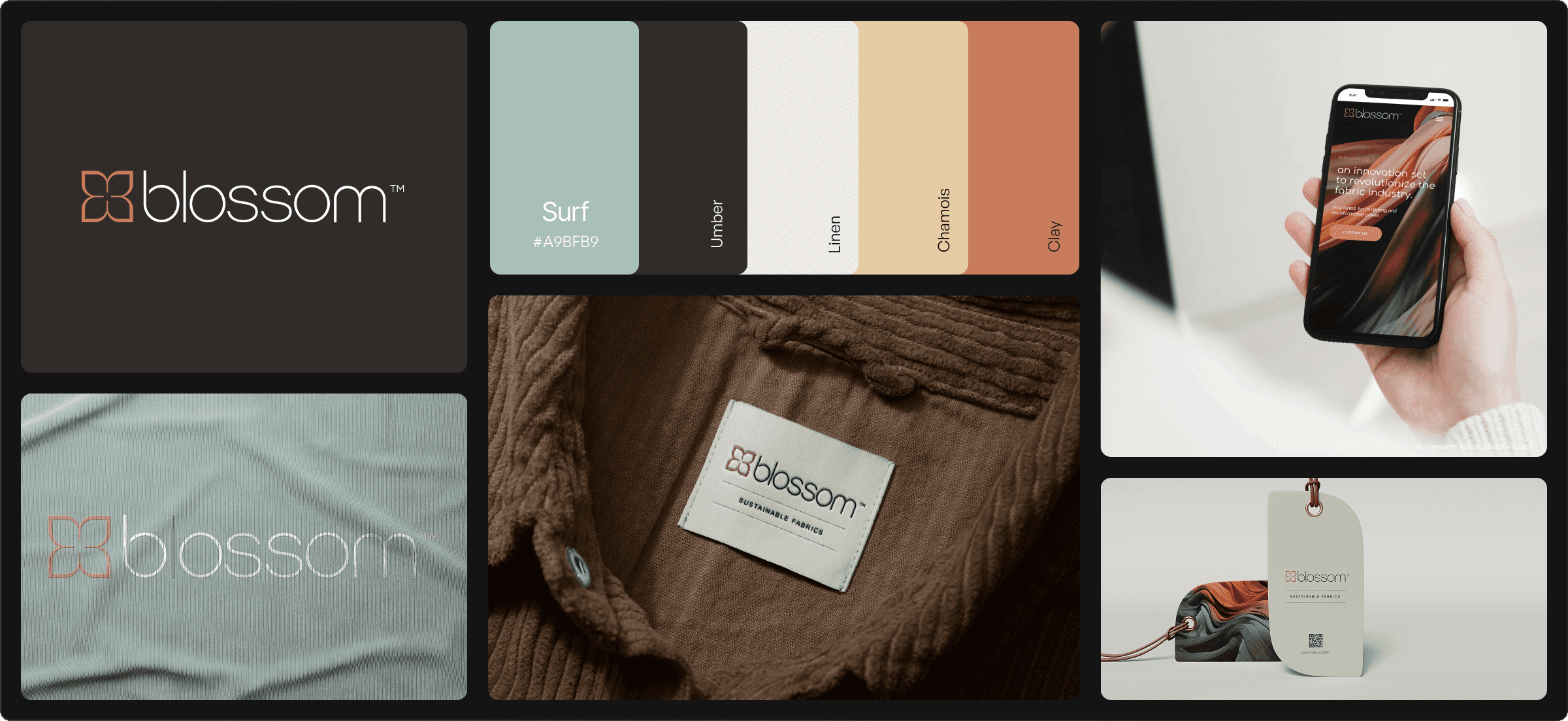 Blossom Brand Identity: Mosaic showing the logo, color palette, fabric mockups, website design on a phone, and product hang tag for the innovative fabric industry brand.