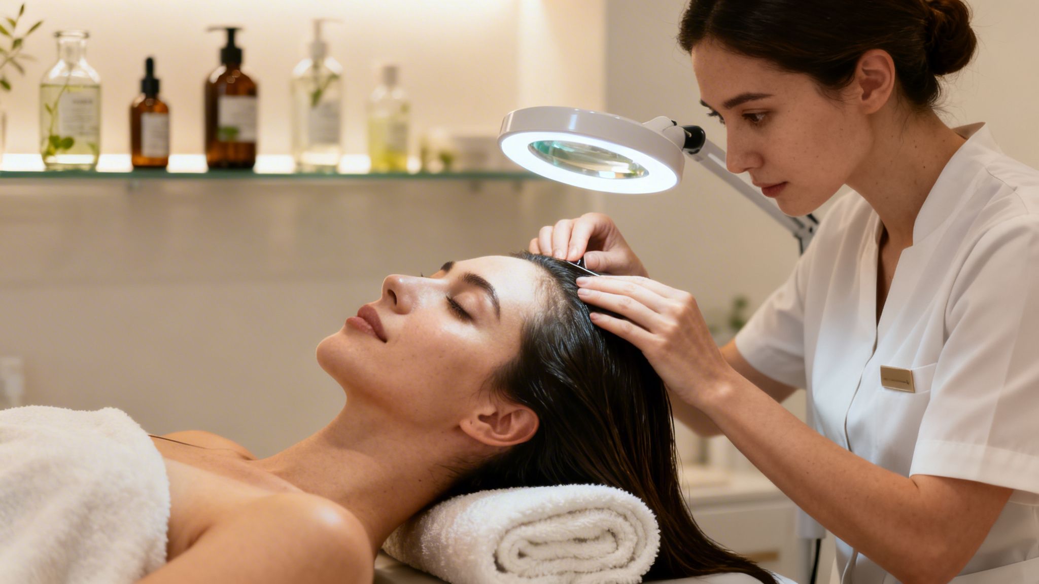 A professional examining a client's scalp with a magnifying lamp at a beauty clinic.
