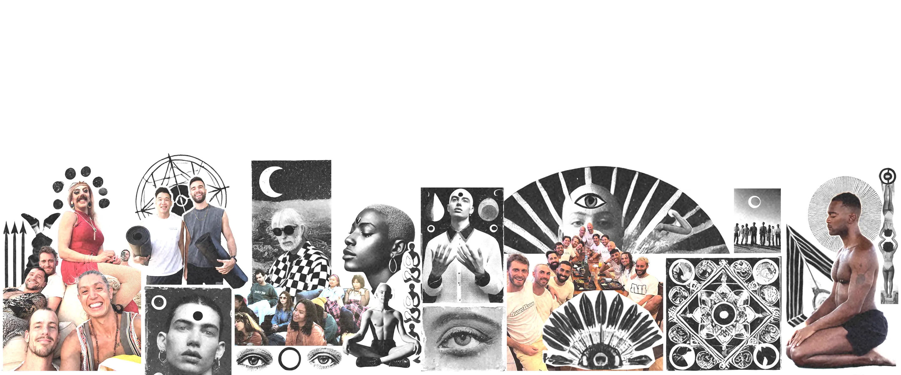 Collage of diverse people and spiritual imagery representing the AwareHaus queer wellness community.
