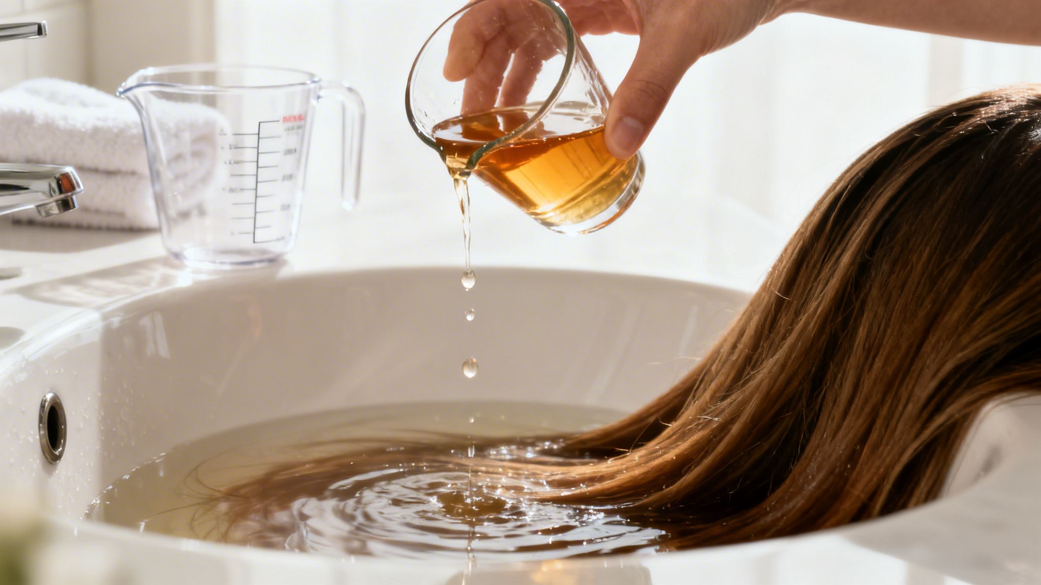 A person gently pours a natural hair rinse from a glass into a sink, treating long brown hair.