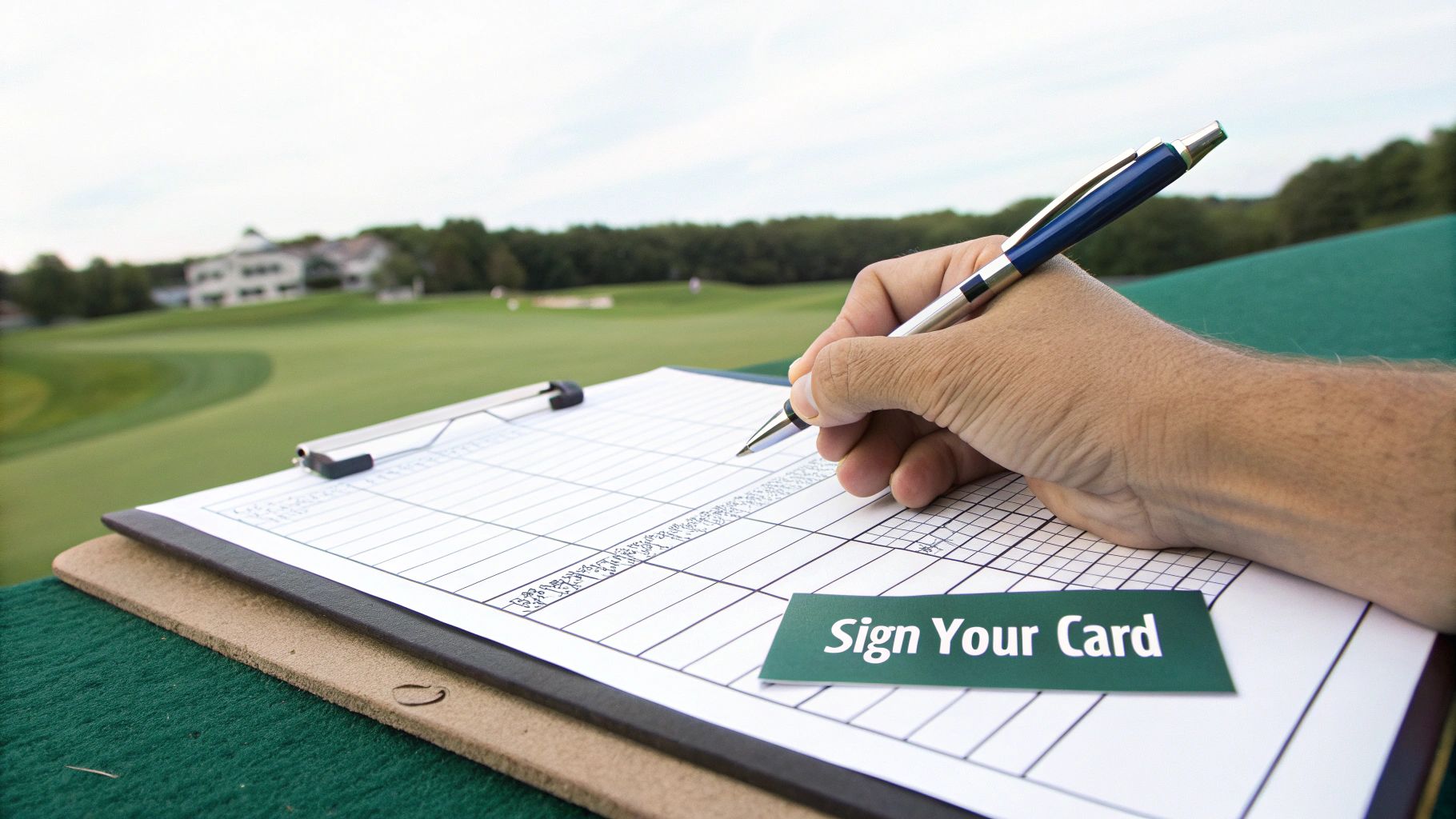 A person's hand holds a pen, signing a golf scorecard on a clipboard at a golf course.