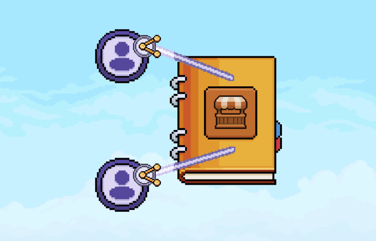 Pixel-art of a brown book with a market stall icon on the cover, connected by glowing beams to two user icons, set against a cloudy sky. On hover, a GIF plays: The book starts locked, but the lock unlocks, revealing two user icons with share icons. Lines connect them to the book, followed by white light sweeps representing information transfer.