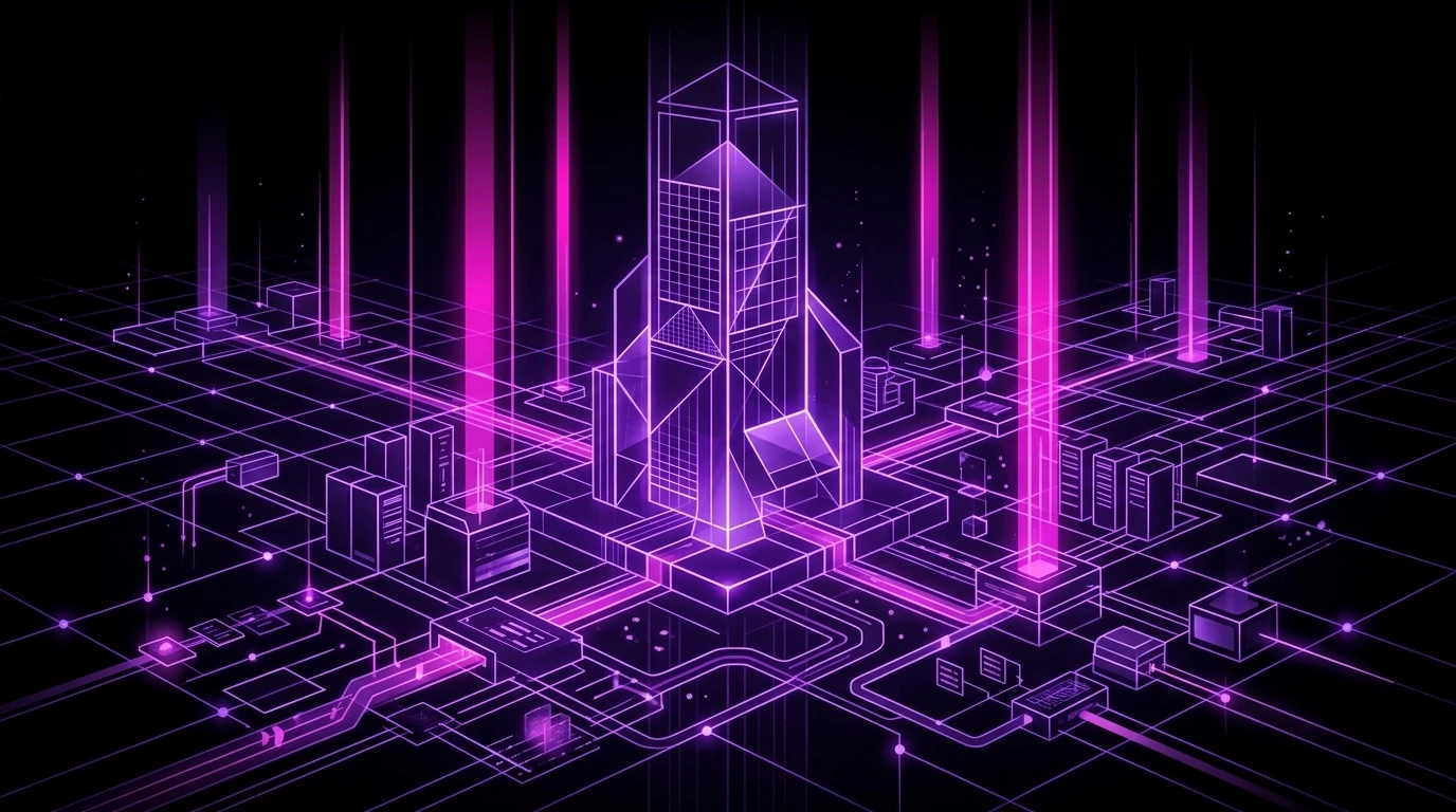 A cinematic architectural illustration of technical SEO infrastructure. Neon violet blueprint lines form a precise geometric grid across a deep black surface, while magenta light pillars rise upward with soft glow, creating a futuristic high-performance foundation.