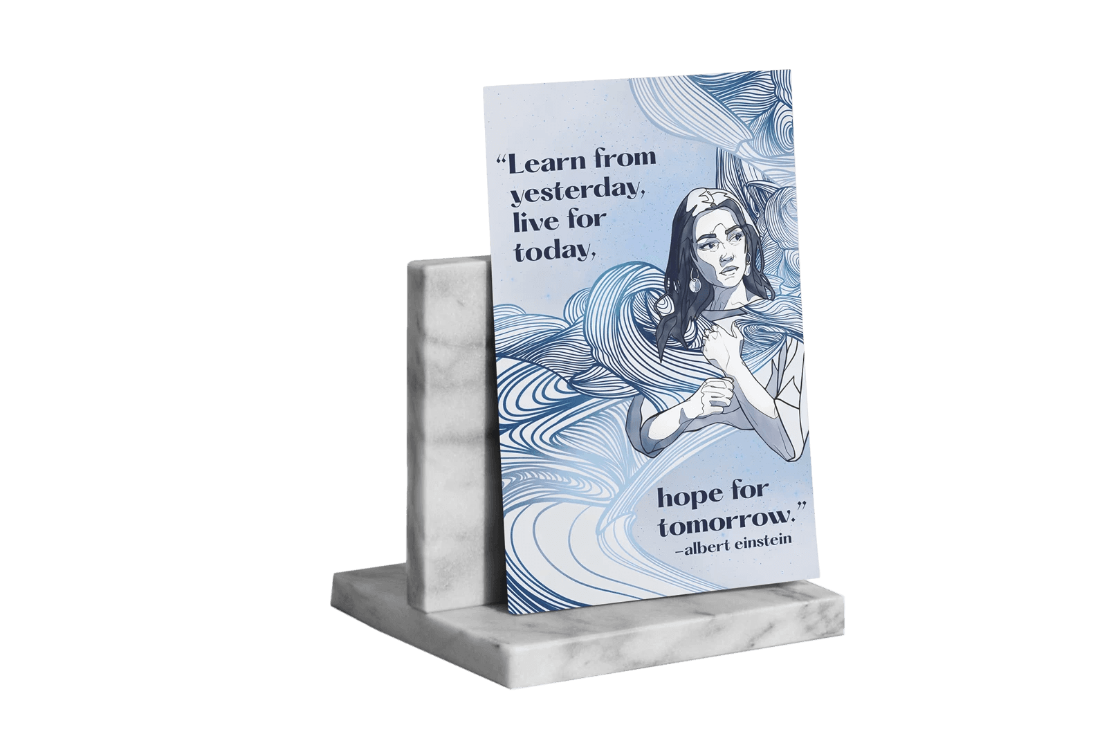 Inspirational poster with an illustrated woman, abstract lines, and an Einstein quote on a marble stand.