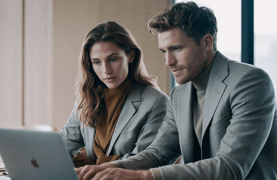 Mulher e homem trabalhando no laptop, representando a rotina de trabalho na Inspira.