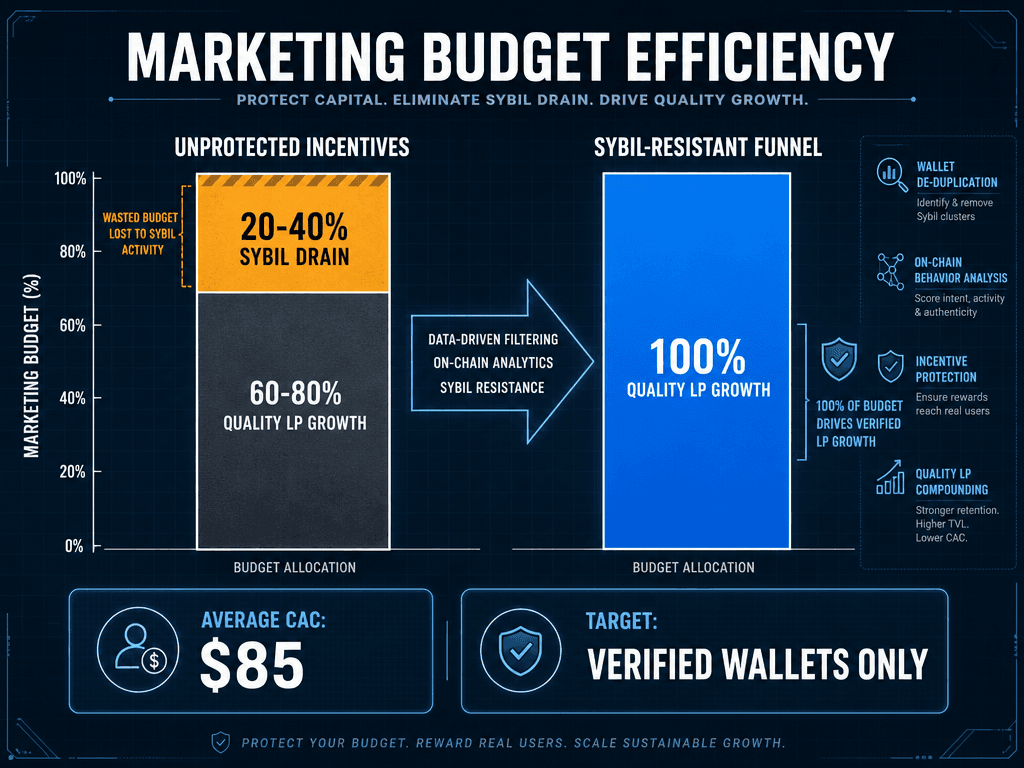 Bar chart illustrating marketing budget efficiency with and without Sybil-resistance, highlighting the prevention of 40 percent budget drain.