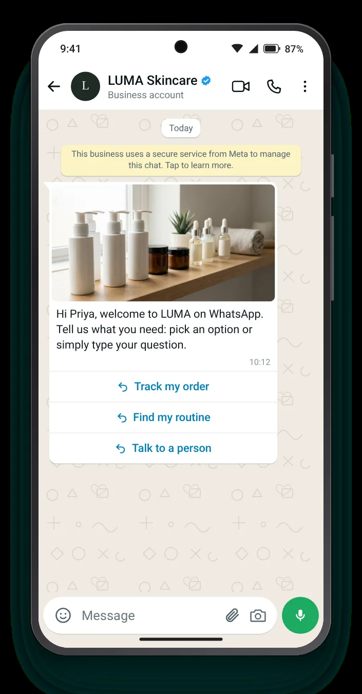 A greeting with a three-button menu: WhatsApp greeting message on an Android phone