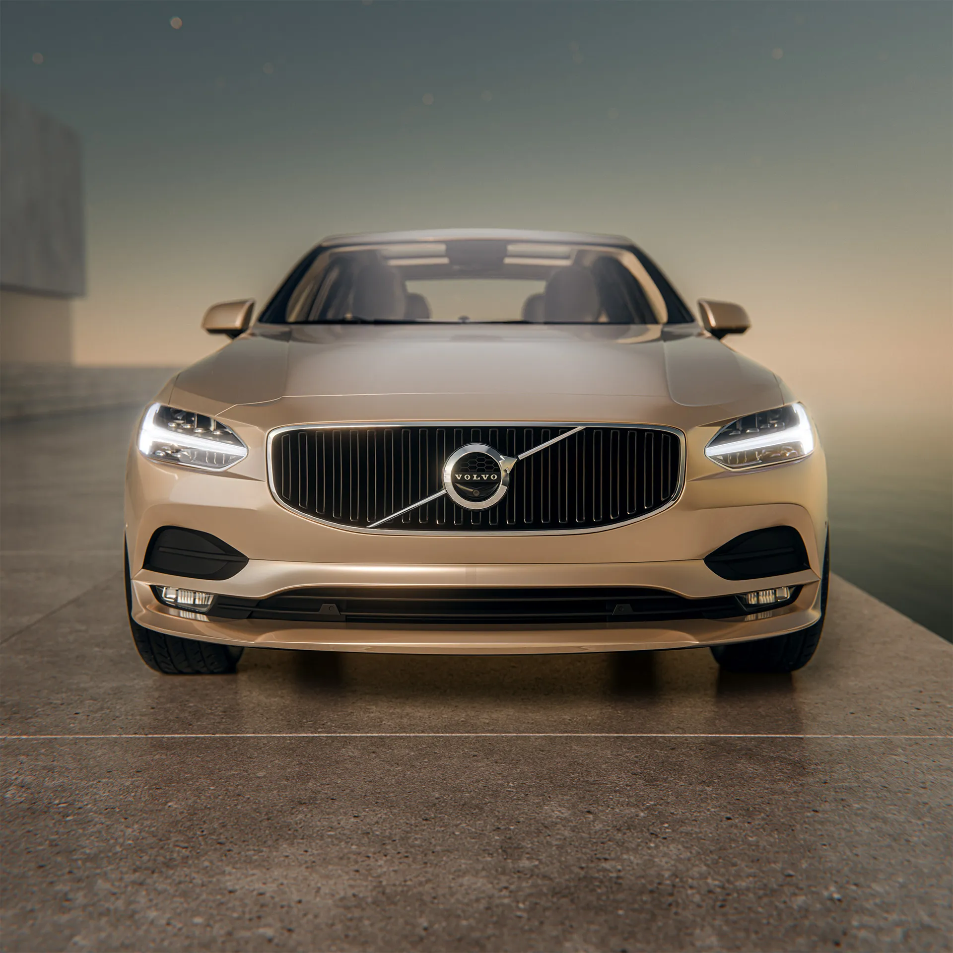 Close-up CGI render of Volvo S90 headlights and grille