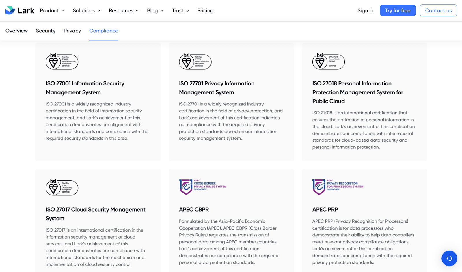 Screenshot of Lark's compliance certifications