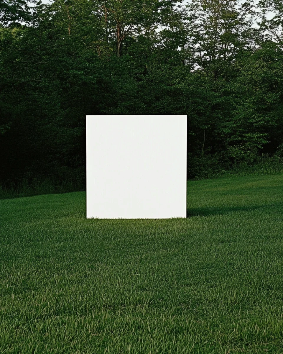 A large, white, rectangular panel stands alone in a lush green field, with a dense forest in the background. This minimalist composition reflects the concept of strategy prototyping amidst natural surroundings, aligning with planetary perspectives.