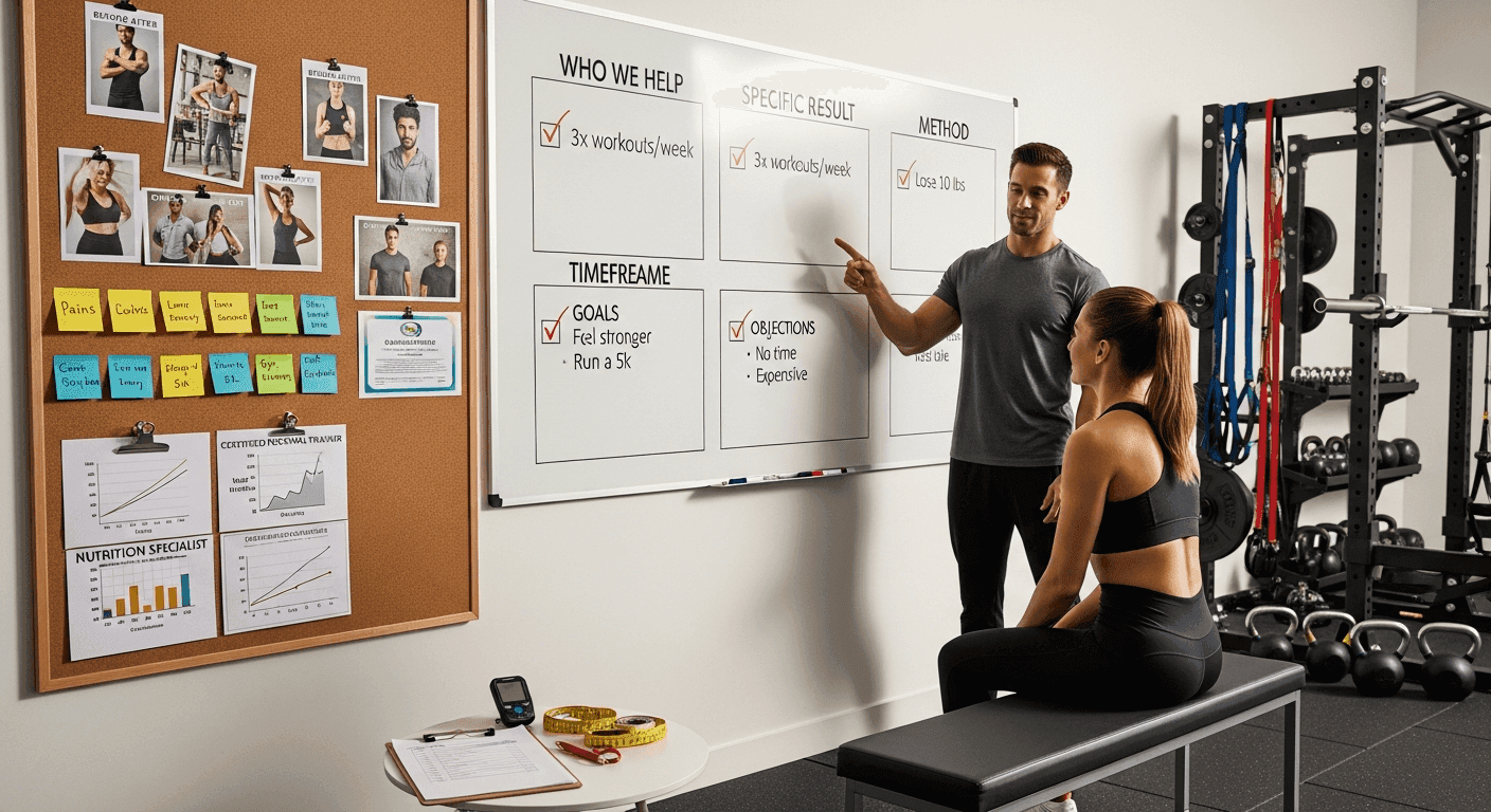 A fitness coach presenting client goals, outcomes, and objections on a whiteboard during a strategy session with a client, illustrating how to define a clear unique value proposition for fitness coaches that helps their website and offers convert better.