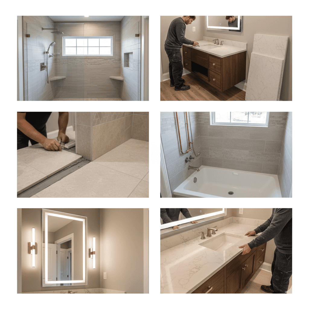 a collage of pictures of bathroom remodels that PEI Builder has done.
