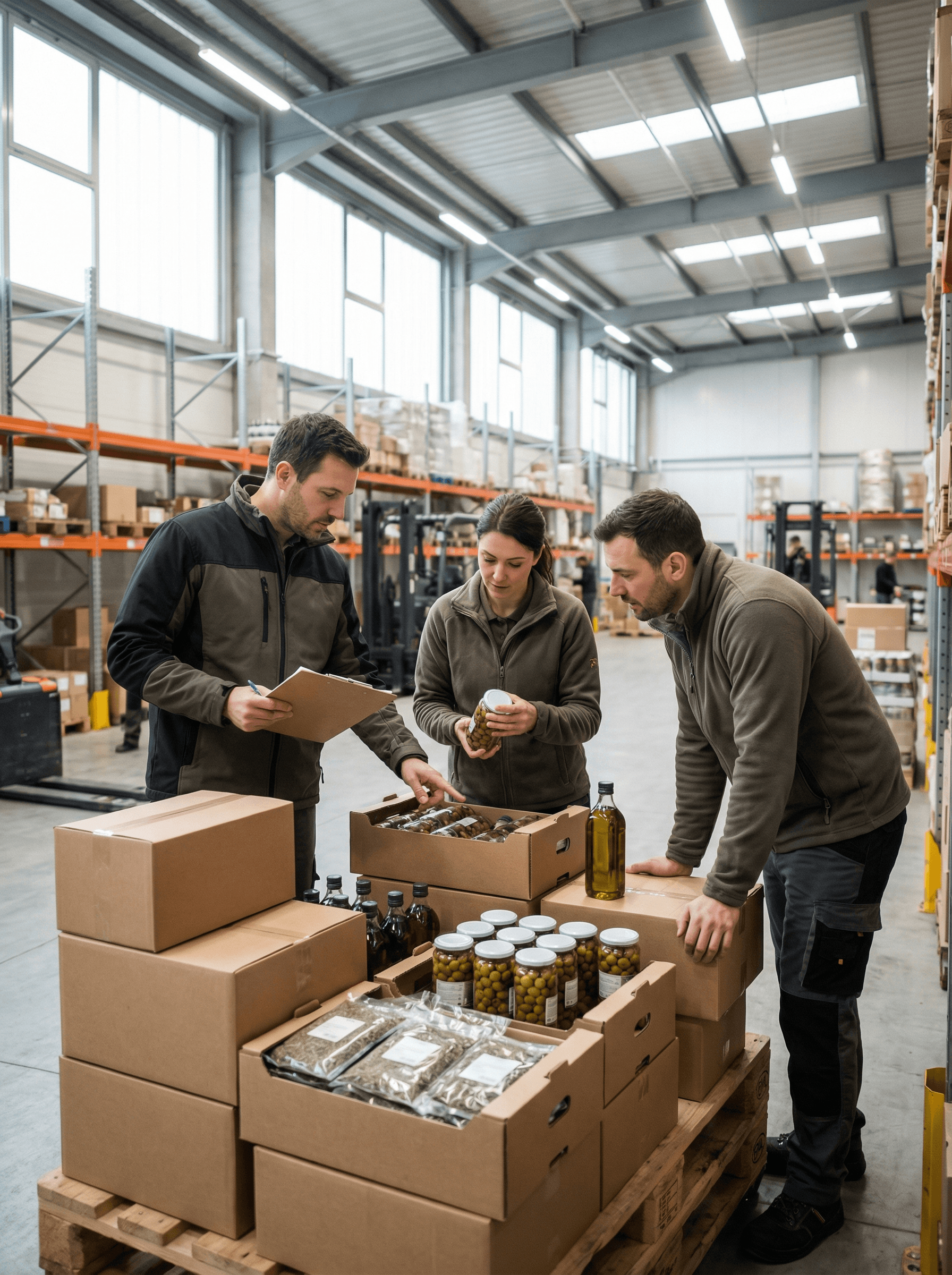 Medewerkers in een magazijn controleren mediterrane voedingsproducten voor distributie in de Benelux