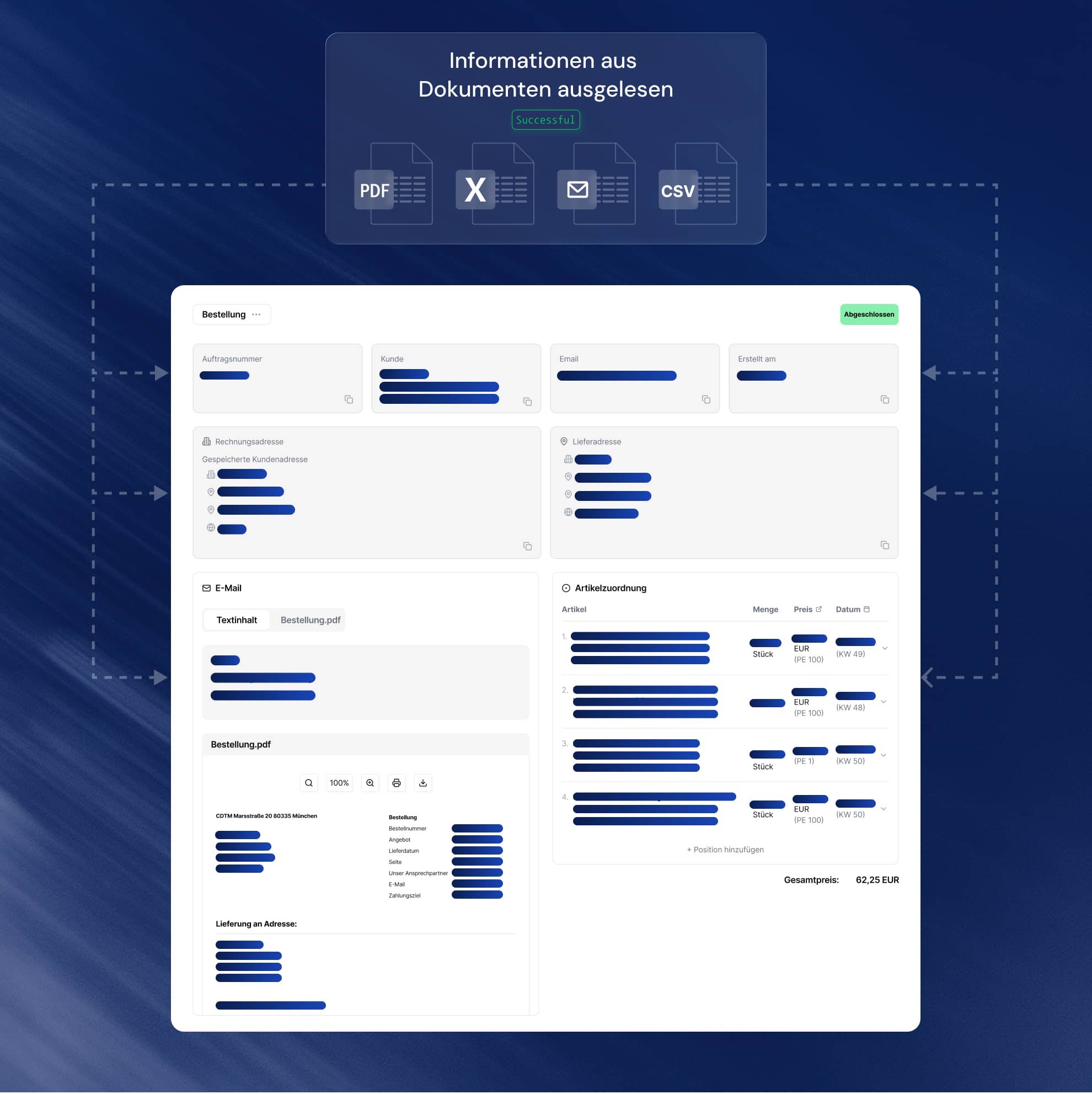 Comena liest Informationen aus PDF-, Excel-, E-Mail- und CSV-Dokumenten aus und überträgt sie automatisiert in eine strukturierte Bestellübersicht.