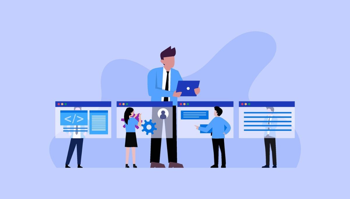 Illustration of five team members overlaid with different digital interface windows—coding tags, user settings, text boxes, and project dashboards.