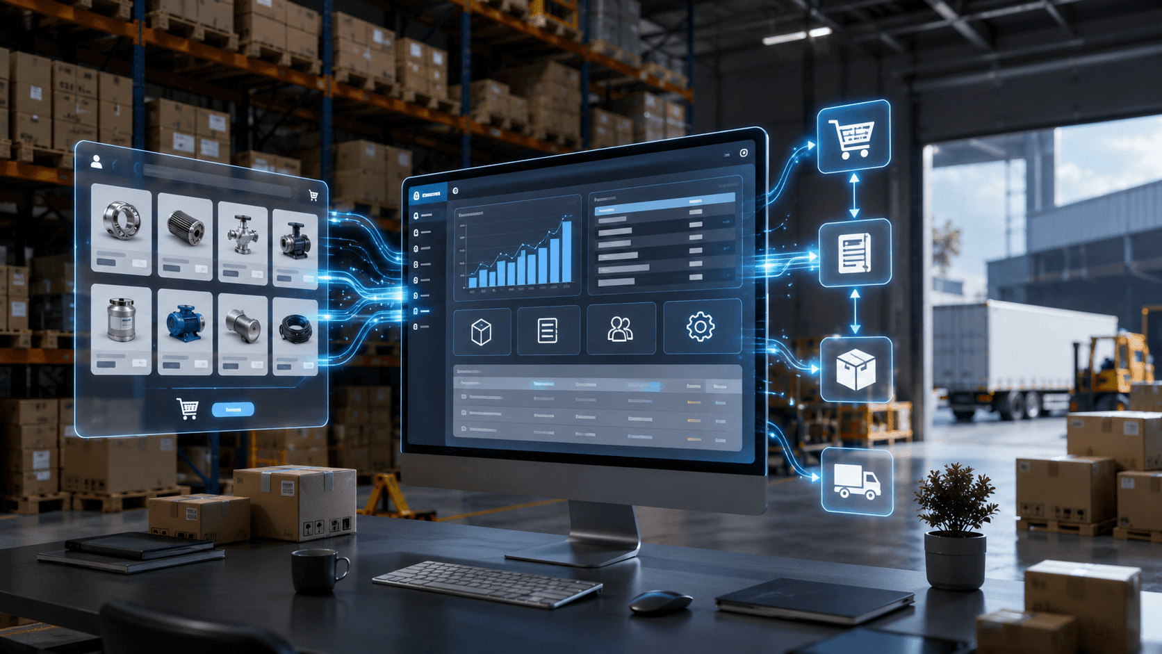 Ambiente de distribuidora com prateleiras, caixas e área de expedição, integrado a uma interface digital que conecta catálogo B2B, ERP, pedidos, estoque e logística por meio de fluxos automatizados.