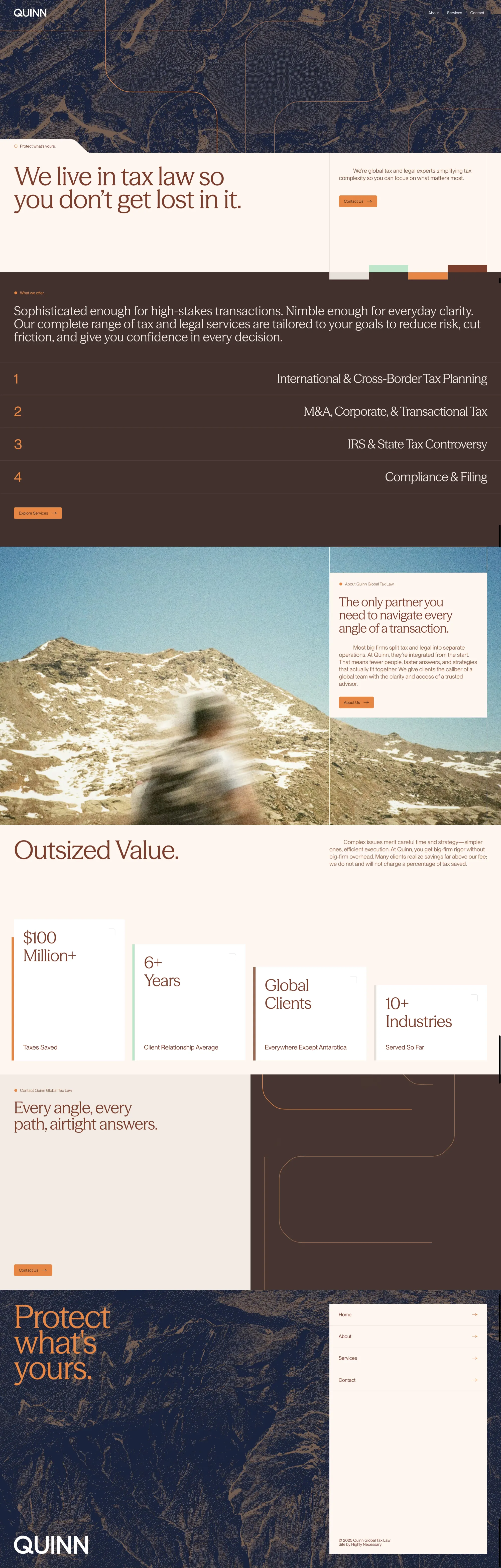 Quinn Global Tax Law landing page screenshot showcasing Finance design